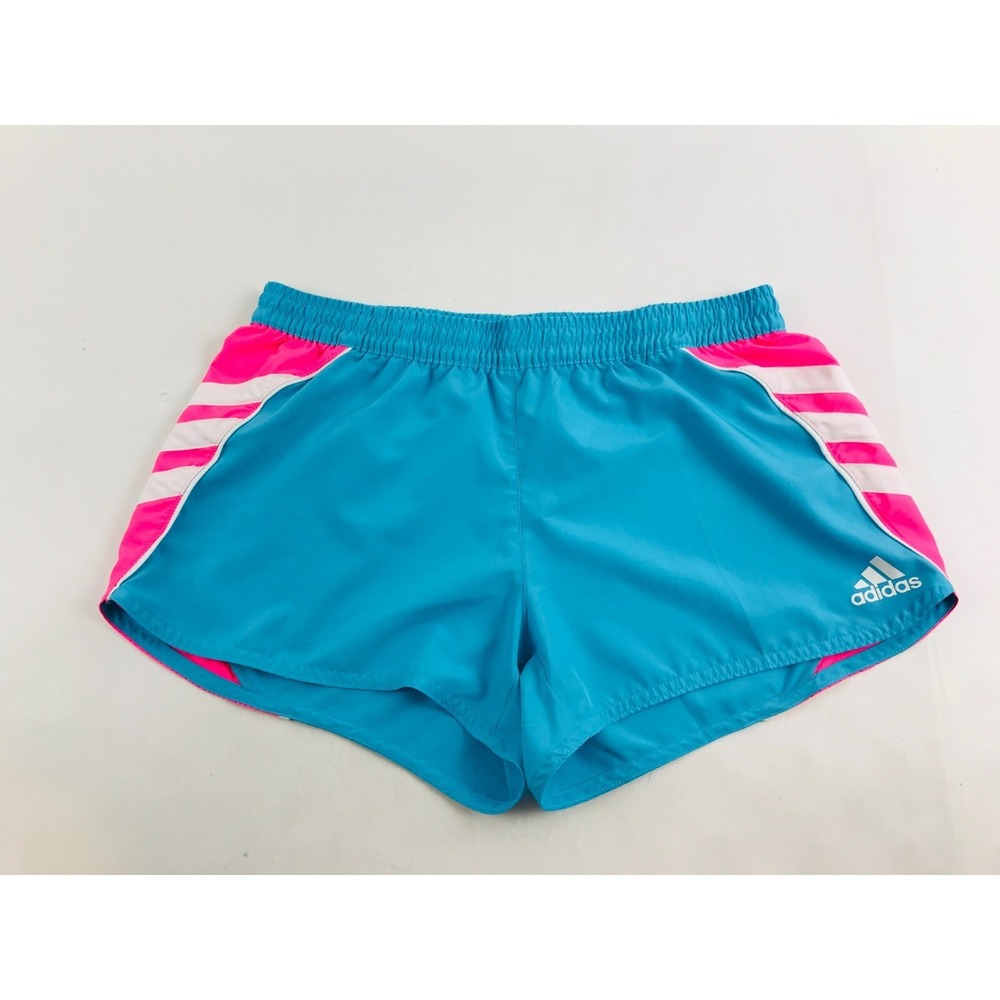 Adidas Shorts Women's Size Large? Blue Striped Pink Side Athleticwear Logo
